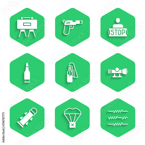Set Cocktail molotov, Box flying on parachute, Barbed wire, Sniper optical sight, Rocket, Bullet, Stop war and Military mine icon. Vector
