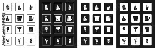 Set Champagne bottle and glass, Glass of rum, Alcohol drink Rum, Cocktail shaker, Wooden beer mug, Whiskey, with water and champagne icon. Vector