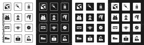 Set Spray against insects, African tribe male, Hunting jacket, safari map, Bandana or biker scarf, Syringe, Sun and cartridge belt icon. Vector