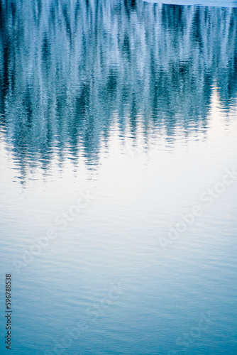 Winter forest reflected in a lake in the Pacific Northwest