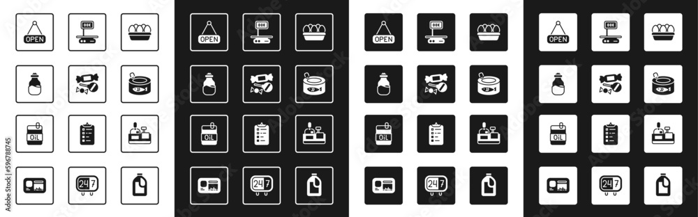 Set Chicken egg in box, Candy, Spice can, Hanging sign with Open, Canned fish, Electronic scales, Cashier at cash register and Bottle of olive oil icon. Vector Set Chicken egg in box, Candy, Spice can, Hanging sign with Open, Canned fish, Electronic scales, Cashier at cash register and Bottle of olive oil icon. Vector