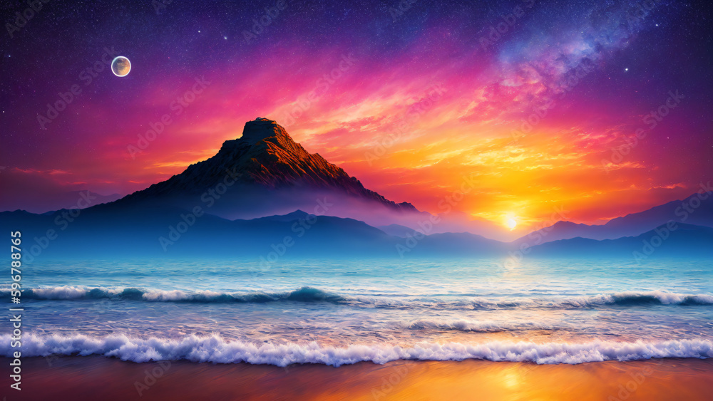 Fototapeta premium Amazing AI generated illustration of an oil painting landscape from a beach with huge mountains at dusk