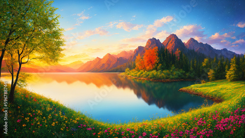 AI generated colorful oil painting of an amazing river landscape with lots of trees and mountains © Thiago Ambiel