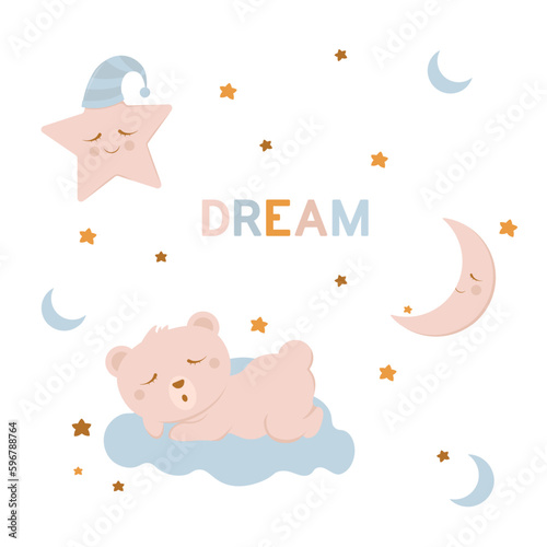 Kids illustration with a cute sleeping bear on a cloud, a star and a moon in pink blue. Good night and sweet dreams. Cartoon kids texture and background. Vector illustration
