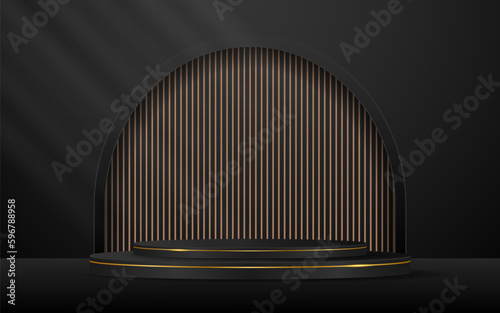 Black podium with elegant golden lines with brown slatted backdrop for advertisement display. Display of cosmetic products. stage or podium. vector illustration

