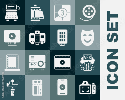 Set Photo camera, VFX, Comedy theatrical mask, Old film movie countdown frame, Actor trailer, Online play video, Retro typewriter and Softbox light icon. Vector