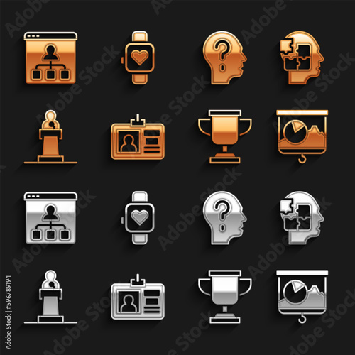 Set Identification badge, Head puzzles strategy, Chalkboard with chart, Award cup, Speaker, question mark, Online education and Smart watch icon. Vector
