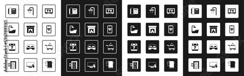 Set Smart Tv, Interior fireplace, Bathtub, Telephone handset, Mobile with wi-fi wireless, Shower, Covered tray of food and Hotel booking calendar icon. Vector
