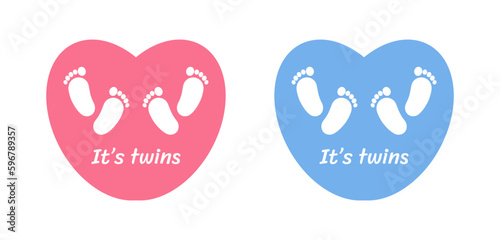 Baby footsteps of hand and leg. Newborn  twins.It's boy and girl. Twin icon. Heart frame shape.