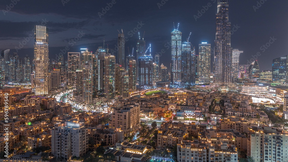 Dubai Downtown day to night transition timelapse with tallest skyscraper and other towers