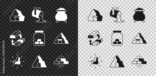 Set Gold mine, Molten gold being poured, nugget, bars, exchange money and icon. Vector