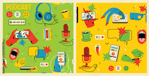Podcast seamless pattern. Background for blogging, vlogging and live streaming. Hand-drawn print with podcast elements, headphones, speech bubbles, microphone.