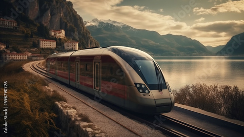 A modern train against the backdrop of a beautiful landscape. nature in the background