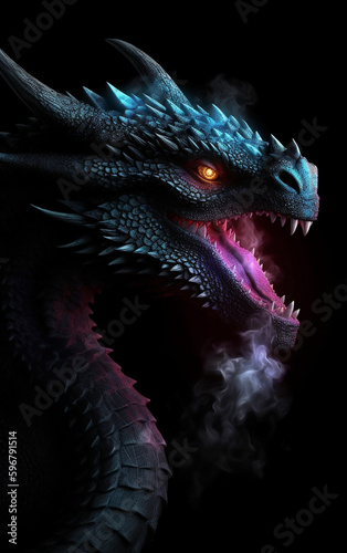 Fantasy dragon art for gaming cover art. Isolated on black background. Dragon head with smoke. Ai generated artwork © Pavel