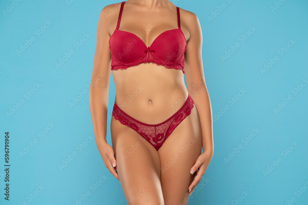 Tanned woman in top form, perfect body shape. Parts of woman body in red underwear, front view, blue background Tanned woman in top form, perfect body shape. Parts of woman body in red underwear, front view, blue background
