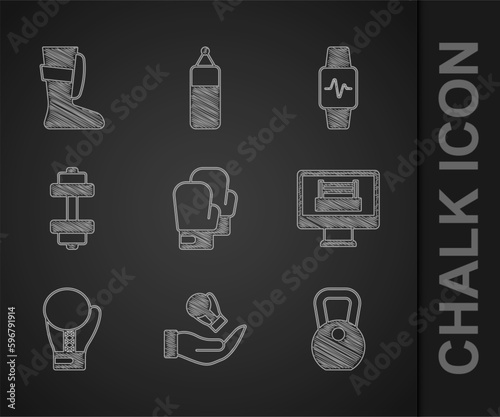 Set Boxing glove, Weight, ring, Dumbbell, Smart watch with heart and Sport boxing shoes icon. Vector