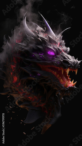 Fantasy Chinese dragon art for gaming cover art. Isolated on black background. Dragon head with smoke. Purple and black color. Ai generated artwork