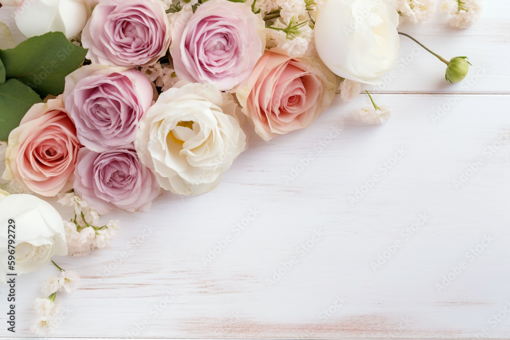 A white background topped with vibrant flowers such as Daisy, rose, Marigold, cherry blossom and chrysanthemum. copy space, for banners, cards, mockups, backgrounds and templates in various situations A white background topped with vibrant flowers such as Daisy, rose, Marigold, cherry blossom and chrysanthemum. copy space, for banners, cards, mockups, backgrounds and templates in various situations
