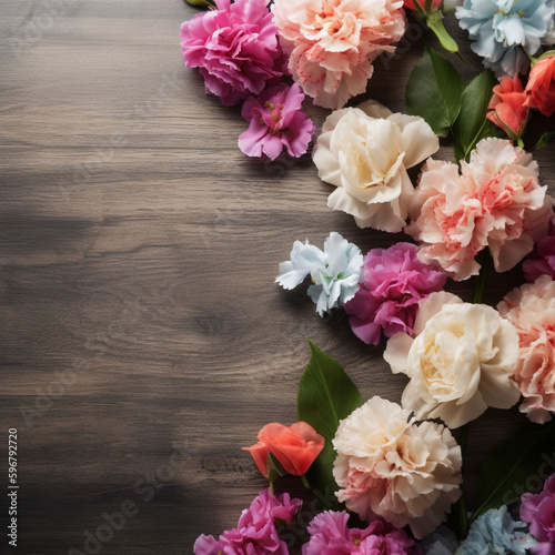 A wood background topped with lots of beautiful flowers. blank space. Abstract natural floral layout with text space and copy space. Wedding invitation.   Women, Mother's Day ai-generated © suzo