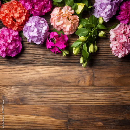 A wood background topped with lots of beautiful flowers. blank space. Abstract natural floral layout with text space and copy space. Wedding invitation. 
 Women, Mother's Day ai-generated