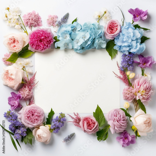 A white background topped with vibrant flowers such as Daisy, rose, Marigold, cherry blossom and chrysanthemum. copy space, for banners, cards, mockups, backgrounds and templates in various situations © suzo