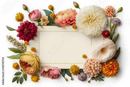 A white background topped with a parchment card template and lots of beautiful flowers such as daisy, rose, cherry blossom, eucalyptus, chrysanthemum, marigold and Peony. ai-generated