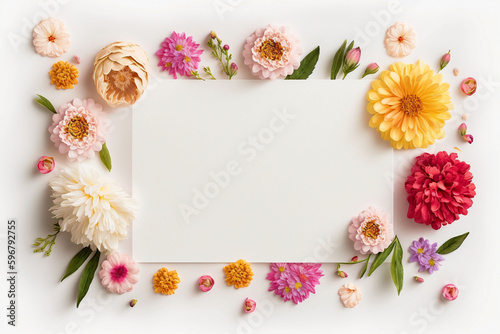A white background topped with a parchment card template and lots of beautiful flowers such as daisy, rose, cherry blossom, eucalyptus, chrysanthemum, marigold and Peony. ai-generated