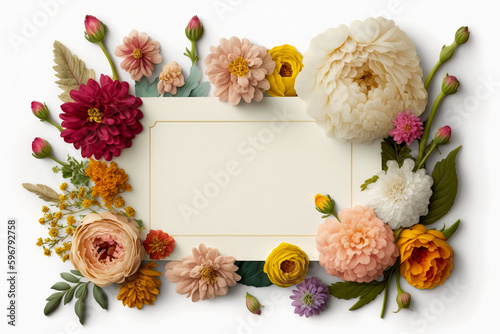 A white background topped with a parchment card template and lots of beautiful flowers such as daisy, rose, cherry blossom, eucalyptus, chrysanthemum, marigold and Peony. ai-generated