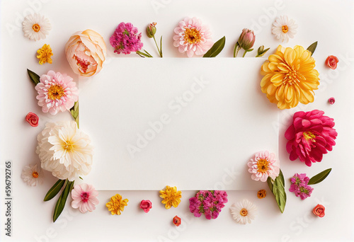 A white background topped with a parchment card template and lots of beautiful flowers such as daisy, rose, cherry blossom, eucalyptus, chrysanthemum, marigold and Peony. ai-generated