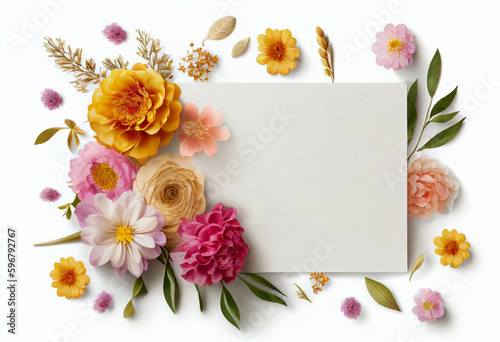 A white background topped with a parchment card template and lots of beautiful flowers such as daisy, rose, cherry blossom, eucalyptus, chrysanthemum, marigold and Peony. ai-generated