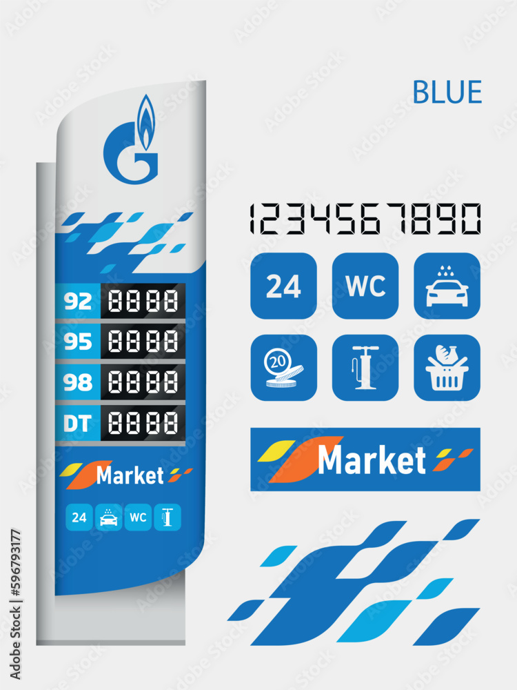 Vector Gas station display stand, vector template isolated made in blue