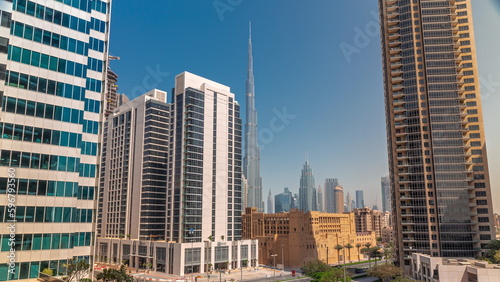 Aerial panoramic view to Dubai downtown and difc skyscrapers all day timelapse. © neiezhmakov