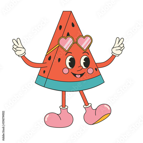 Cute watermelon character sticker in y2k groovy style. Retro cartoon character in trendy retro style, comic mascot character.