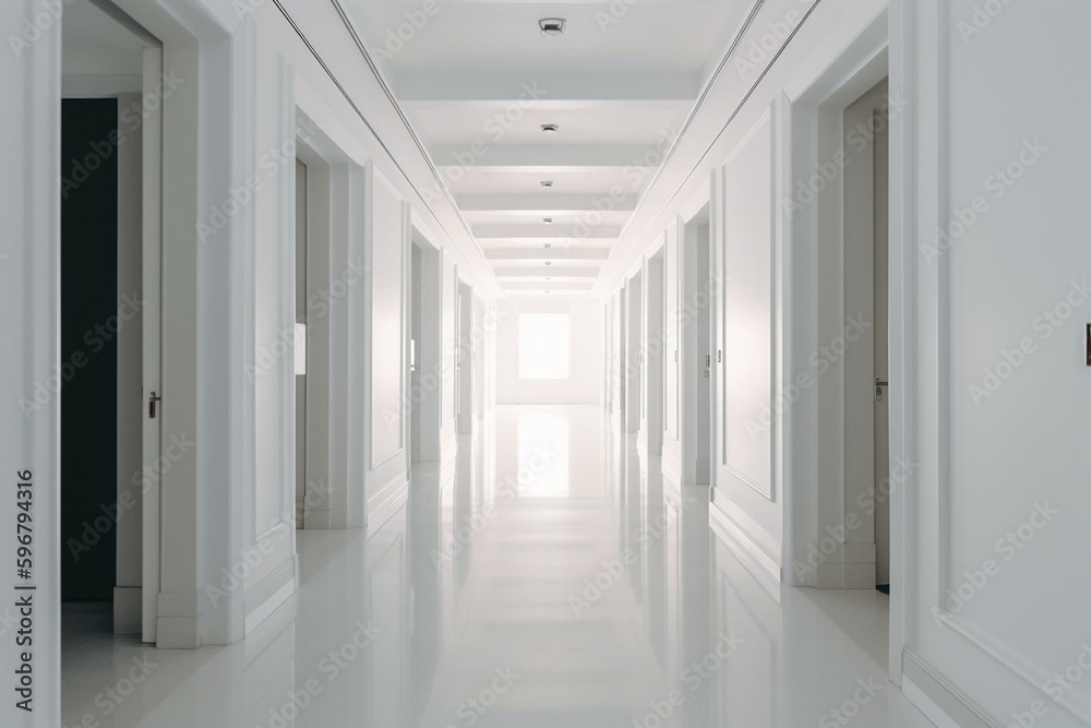 Endless hallway with white doors in bright office interior. Generative AI