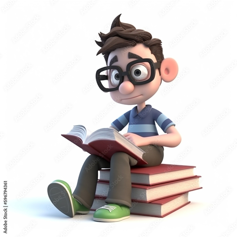 3D illustration of a boy reading a book created with generative AI 3D illustration of a boy reading a book created with generative AI