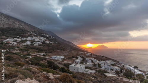 Panorama showing sunset on Amorgos island aerial timelapse from above. Greece © neiezhmakov