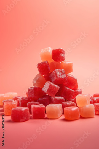 Delicious jelly candies, gummies on red background
