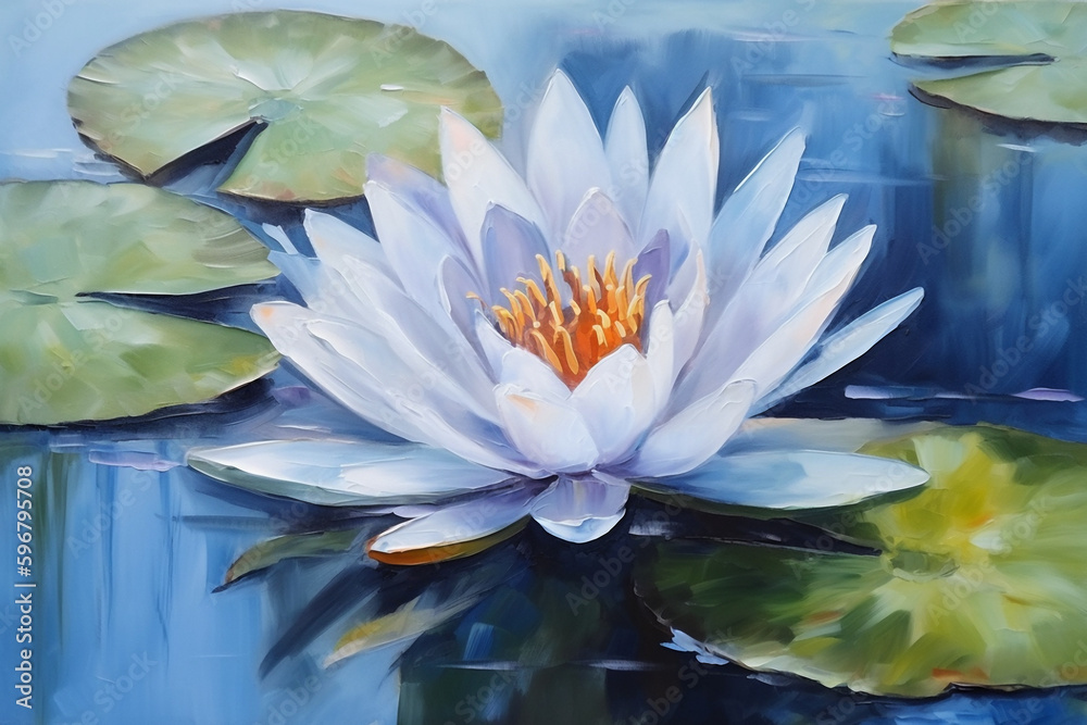 Pond with white water lily flowers. Digital oil painting with brush and palette knife strokes, beautiful artistic image for poster, wallpaper, art print. Generative AI. Pond with white water lily flowers. Digital oil painting with brush and palette knife strokes, beautiful artistic image for poster, wallpaper, art print. Generative AI.