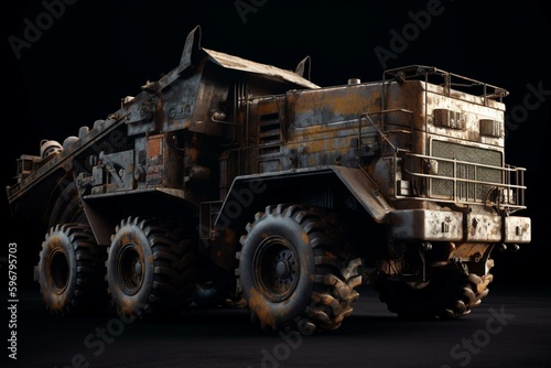Large deserted mining dump truck on black backdrop. Low camera angle. 3D render. Generative AI