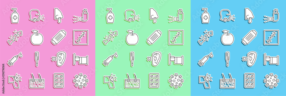 custom made wallpaper toronto digitalSet line Virus, Hospital bed, Scar with suture, Runny nose, Apple, Human broken bone, Liquid antibacterial soap and Medical protective mask icon. Vector