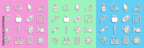 Wallpaper Mural Set line Virus, Hospital bed, Scar with suture, Runny nose, Apple, Human broken bone, Liquid antibacterial soap and Medical protective mask icon. Vector Torontodigital.ca