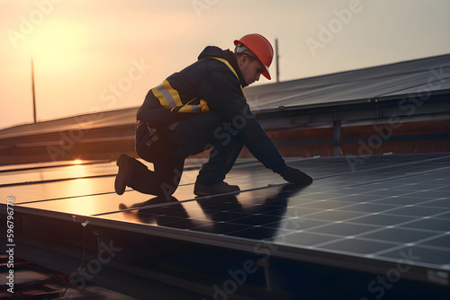 Service engineer man installs solar panels, Generative AI 1