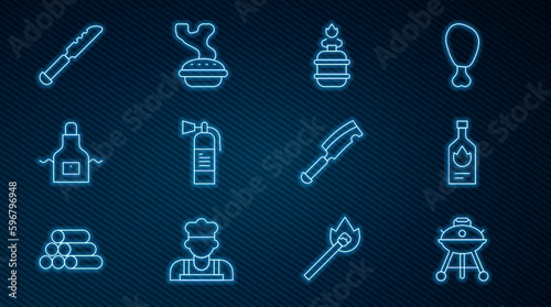 Set line Barbecue grill, Tabasco sauce, Camping gas stove, Fire extinguisher, Kitchen apron, Bread knife, Meat chopper and Homemade pie icon. Vector