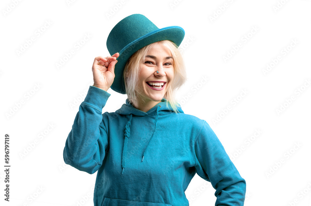 PNG Shot of a smiling woman. Beautifu youngl woman wearing blue hat and in a blue sweatshirt. PNG Shot of a smiling woman. Beautifu youngl woman wearing blue hat and in a blue sweatshirt.