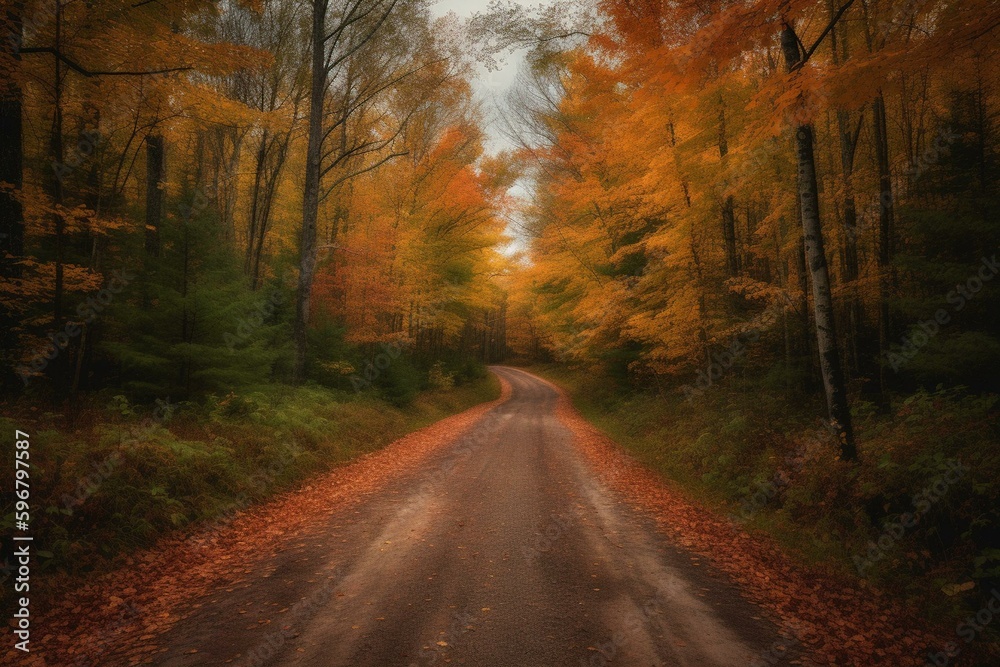 Autumn woodland road in Vilas County, Wisconsin. Generative AI