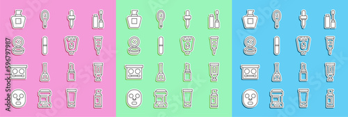 Set line Spray can for hairspray, Cream lotion cosmetic tube, Pipette, Nail file, Makeup powder with mirror, and Epilator icon. Vector