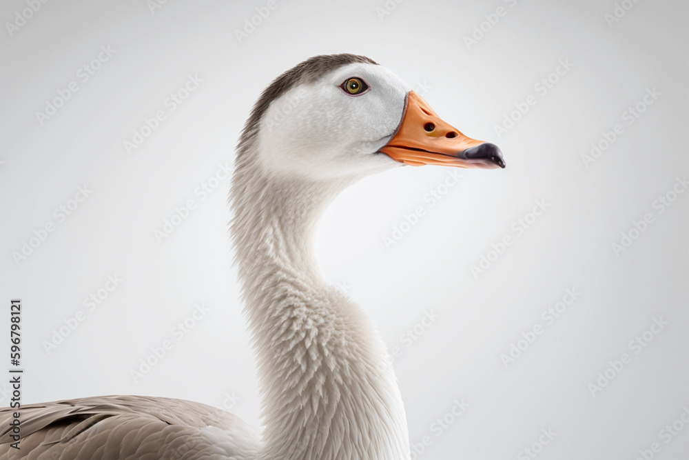 Portrait of a white goose on a white background. Isolated. created with generative AI Portrait of a white goose on a white background. Isolated. created with generative AI