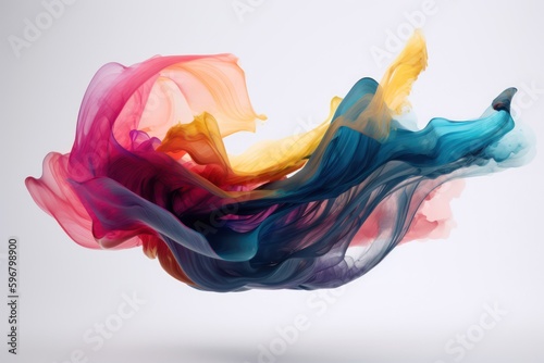 Abstract liquid motion flow explosion. Curved wave colorful pattern with paint drops on a white background. Generative AI photo
