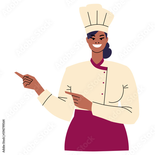 Dark-skinned female chief cook is pointing at something with two index fingers. Woman in uniform and smiling. Professional chef character isolated on white background. Flat style. Vector.