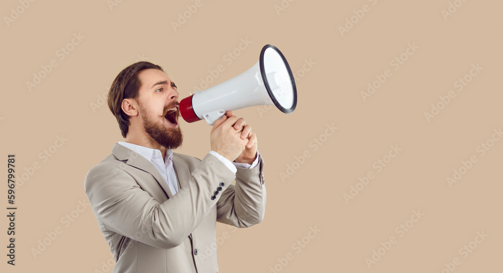 Banner shot of man in suit isolated on nude brown studio background scream in megaphone about deal or offer. Male make announcement with loudspeaker. Copy space, advertising. Banner shot of man in suit isolated on nude brown studio background scream in megaphone about deal or offer. Male make announcement with loudspeaker. Copy space, advertising.